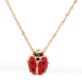 14kt Yellow gold Enamel lady bug pendant on chain