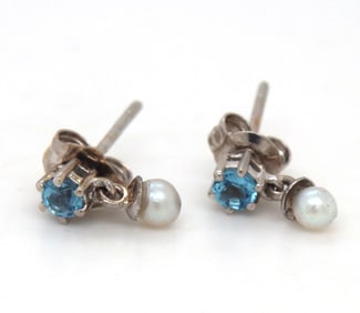 14kt White gold Pearl and blue topaz dangle earrings