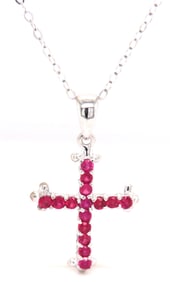 14kt White gold 0.60ctw Ruby cross pendant on chain