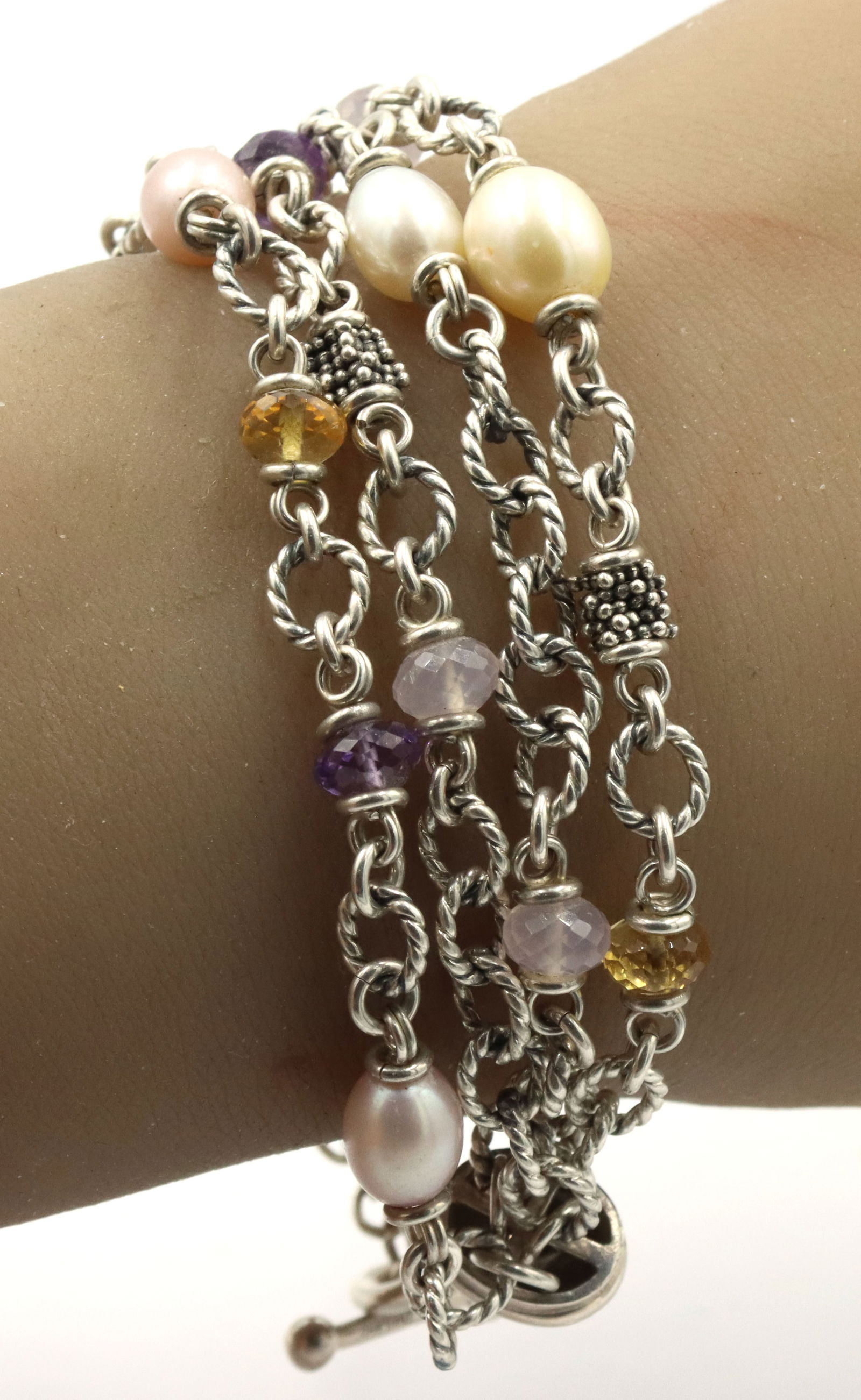 Michael Dawkins 925 Sterling Silver Multi Strands Bracelet: 925 sterling silver Michael Dawkins pearls, gemstone multi strand bracelet with buckler. 35 grams