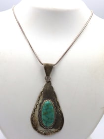 925 Sterling Silver Large Vintage Native Amewrican Turquoise Pendant with Italian Chain