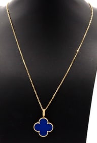 18KT Large Clover In Blue Agate With Long Chain Necklace