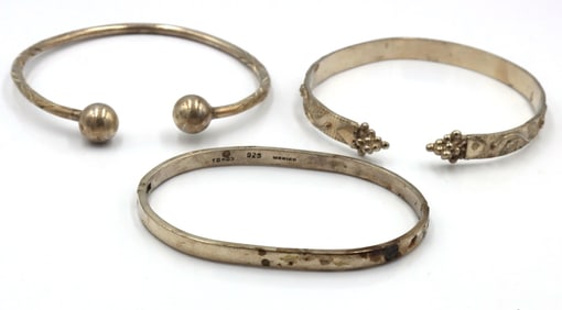 Group lot of 3 cuff bangles in 925 sterling silver