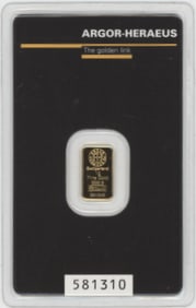 1 gram bar Swiss made Argor Heraeus pure .9999 fine Gold