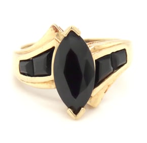 14kt Yellow gold marquise and baguette black onyx ring