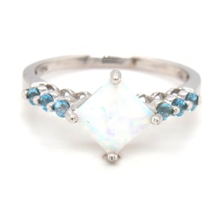 10kt White gold synthetic opal and blue topaz cocktail ring