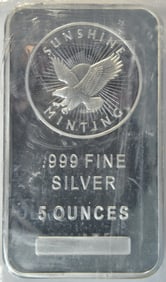 Sunshine Minting 5 Troy Oz pure .999 fine Silver Bar
