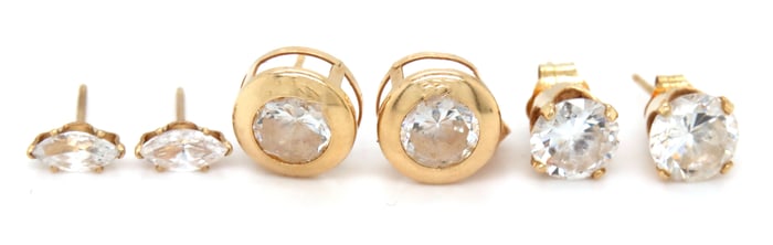 3 Pairs of 14kt yellow gold CZ stud earrings