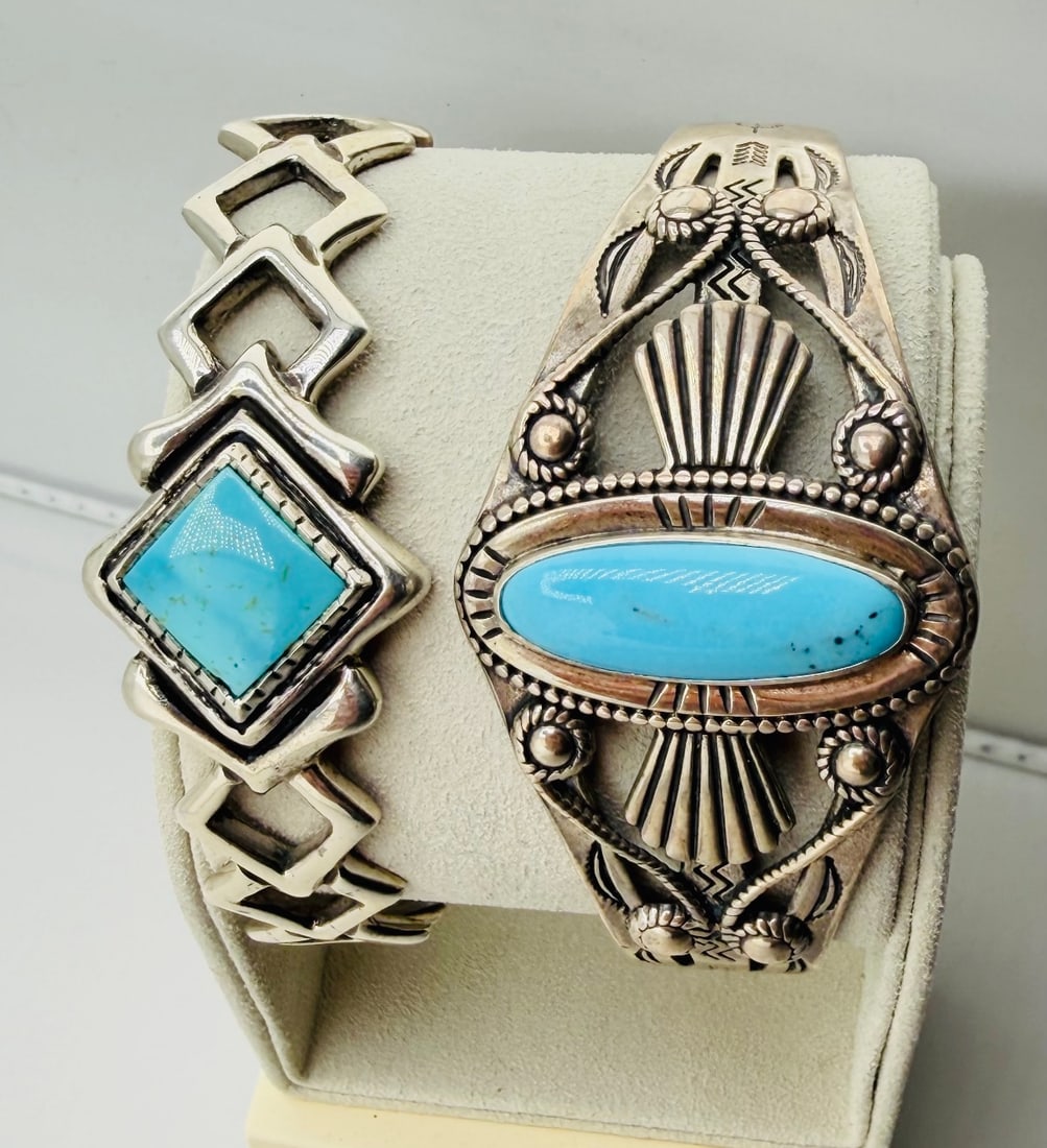 925 Sterling Silver Two Native American Navajo Turquoise Cuff Bracelets (1 of 8)