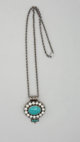 925 Sterling Silver Vintage Southwestern Style Turquoise And pearl Pendant With Rope chain