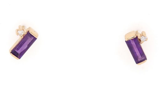 14KT Yellow gold baguette amethyst and diamond accent stud earrings
