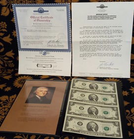 Three (3) World Monetary Exchange Uncut Sheets of 4 2003 $2 Bills w/ Folder & COA