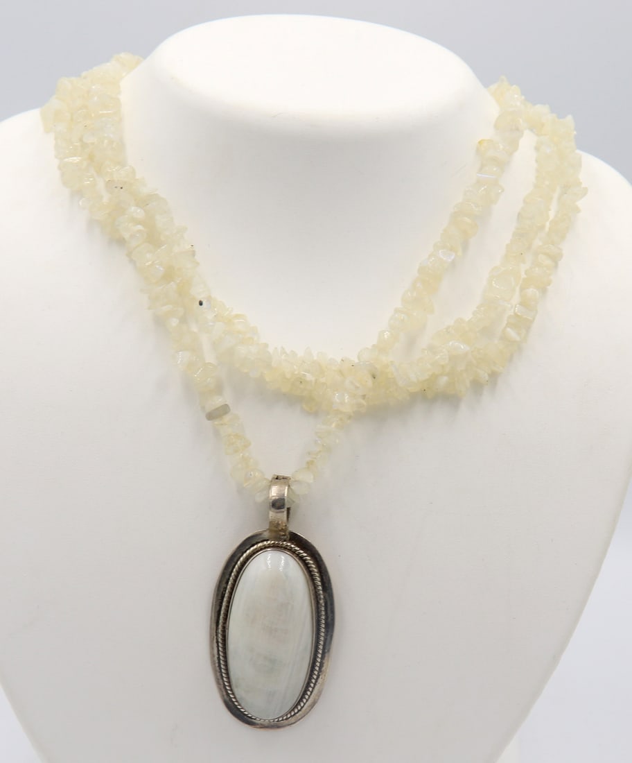 White Agate Sterling Silver Pendant on Multi Strand Agate Beaded Necklace (1 of 4)
