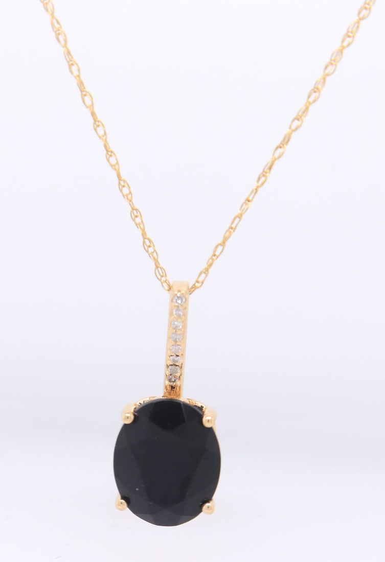 14kt Yellow gold oval black onyx and diamond pendant on chain necklace (1 of 5)