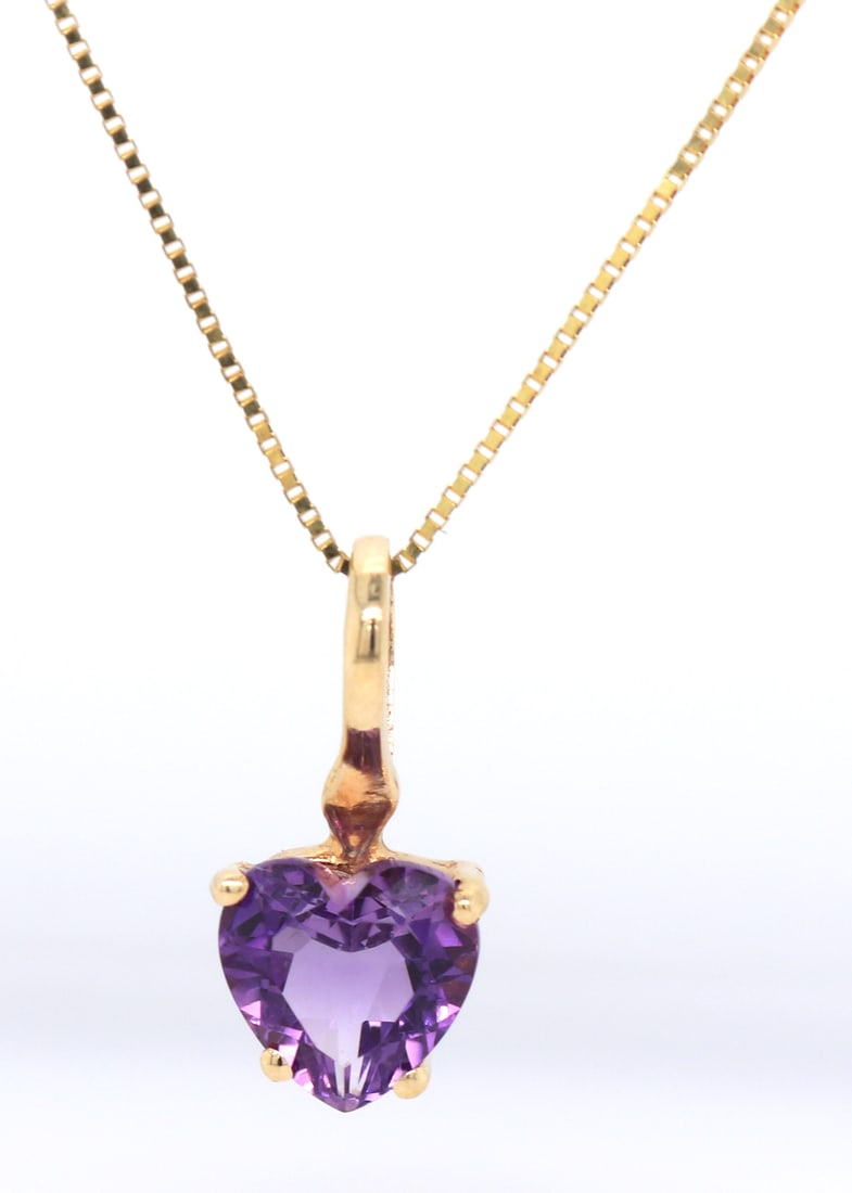 14kt Yellow gold heart shaped amethyst pendant on box chain necklace (1 of 4)