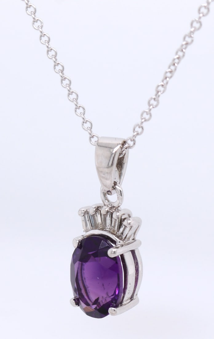 14kt White gold 1.20ctw amethyst and baguette diamond pendant on chain necklace (1 of 6)