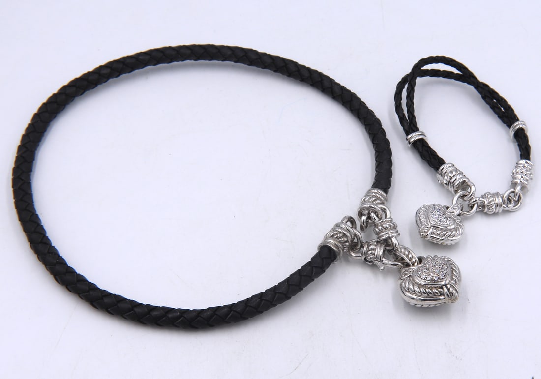 Set of Judith Ripke 925 sterling silver crystal heart shaped pendant on black leather cord (1 of 9)