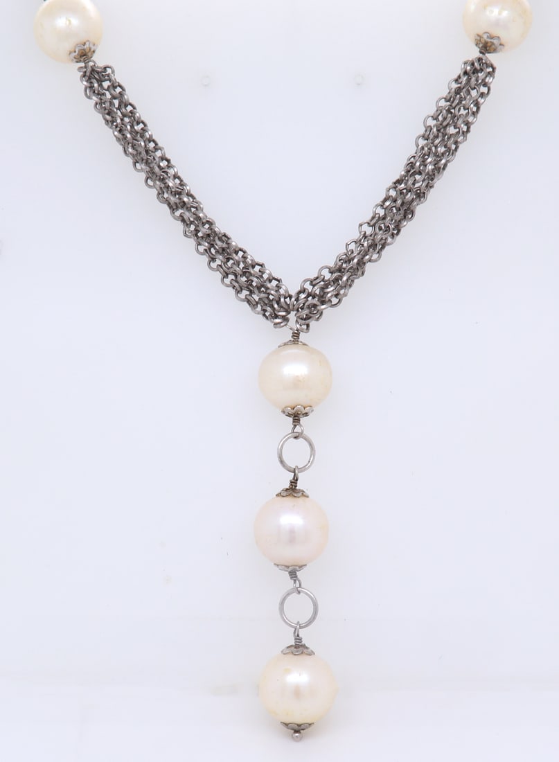 925 Sterling Silver Dangle Pearl Pendant on Multi Strand Chain Necklace (1 of 6)