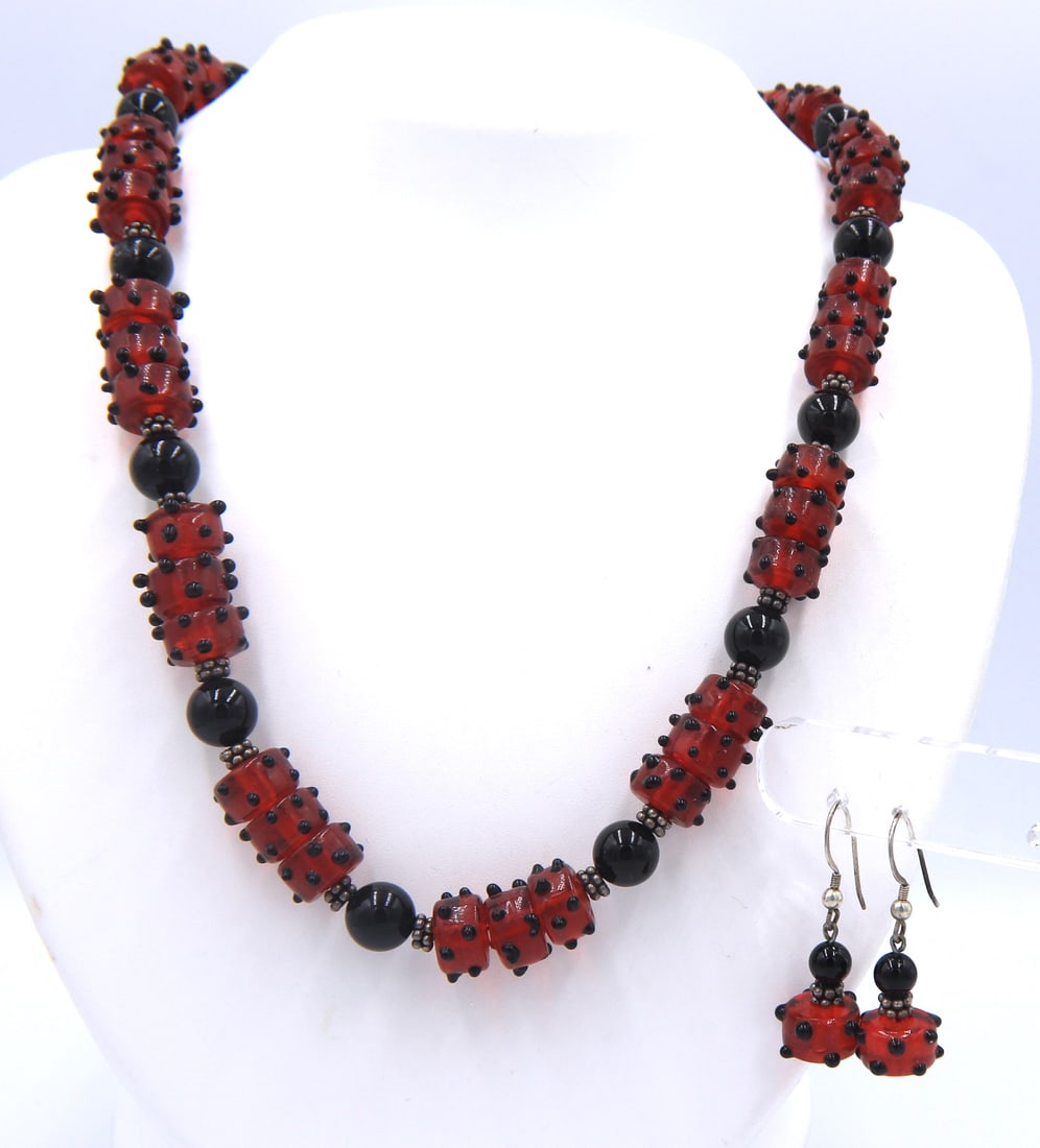 Black onyx and glass necklace with matching dangle earrings (1 of 7)