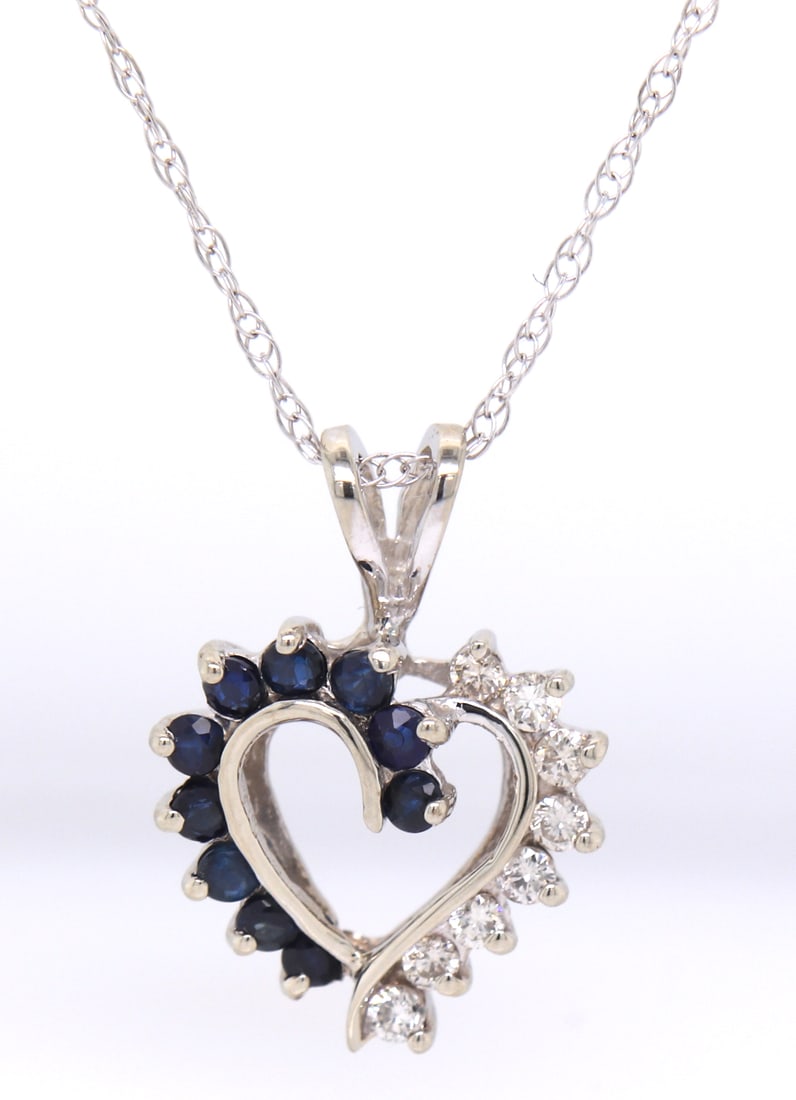 14kt White gold Diamond and Sapphire open heart pendant on chain necklace (1 of 4)