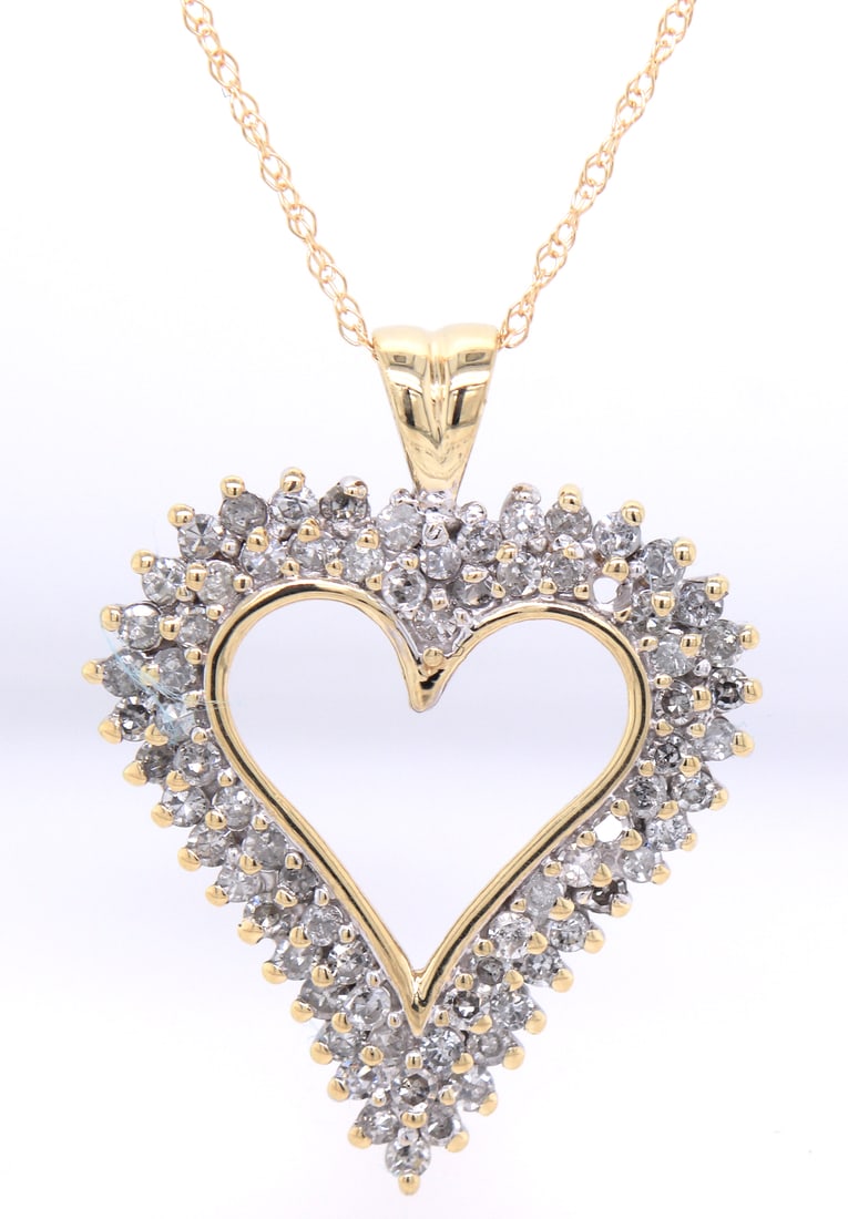 10kt Yellow gold double row open diamond heart pendant on chain (1 of 5)