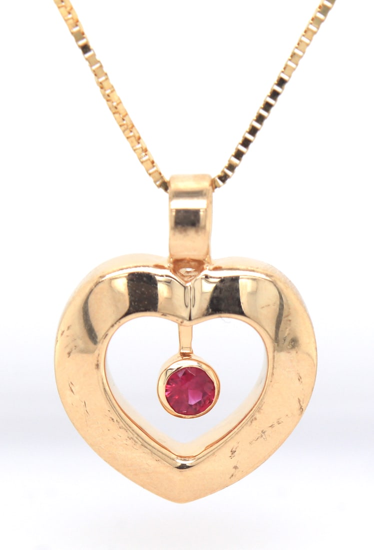 14kt Yellow gold Heart pendant with bezel set ruby on box chain necklace (1 of 4)