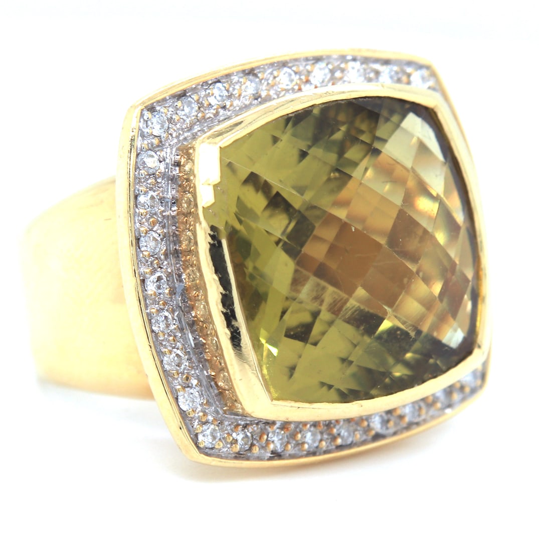 18kt Yellow gold square cushion cut lemon quartz and diamond cocktail ring (1 of 6)