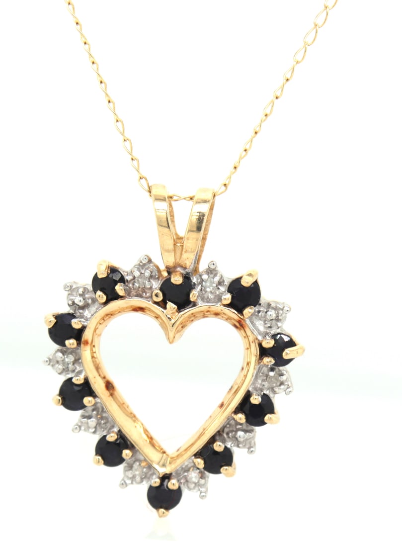 10kt Yellow gold Sapphire and diamond open heart pendant on chain (1 of 4)