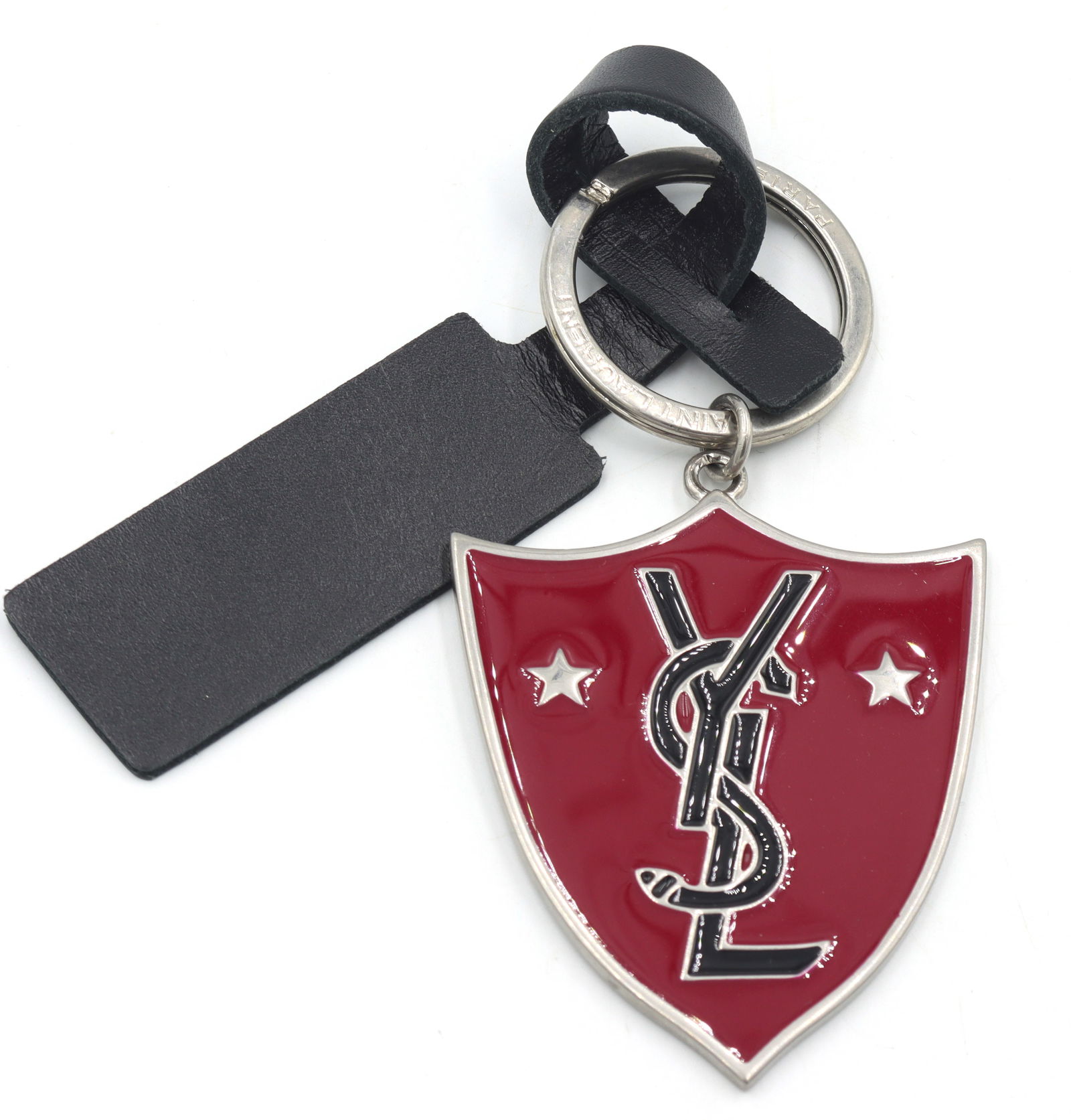 Saint Laurent black and red Shield logo key chain: Saint Laurent black and red Shield logo key chain. Total weight of key chain is 42.30 grams.
