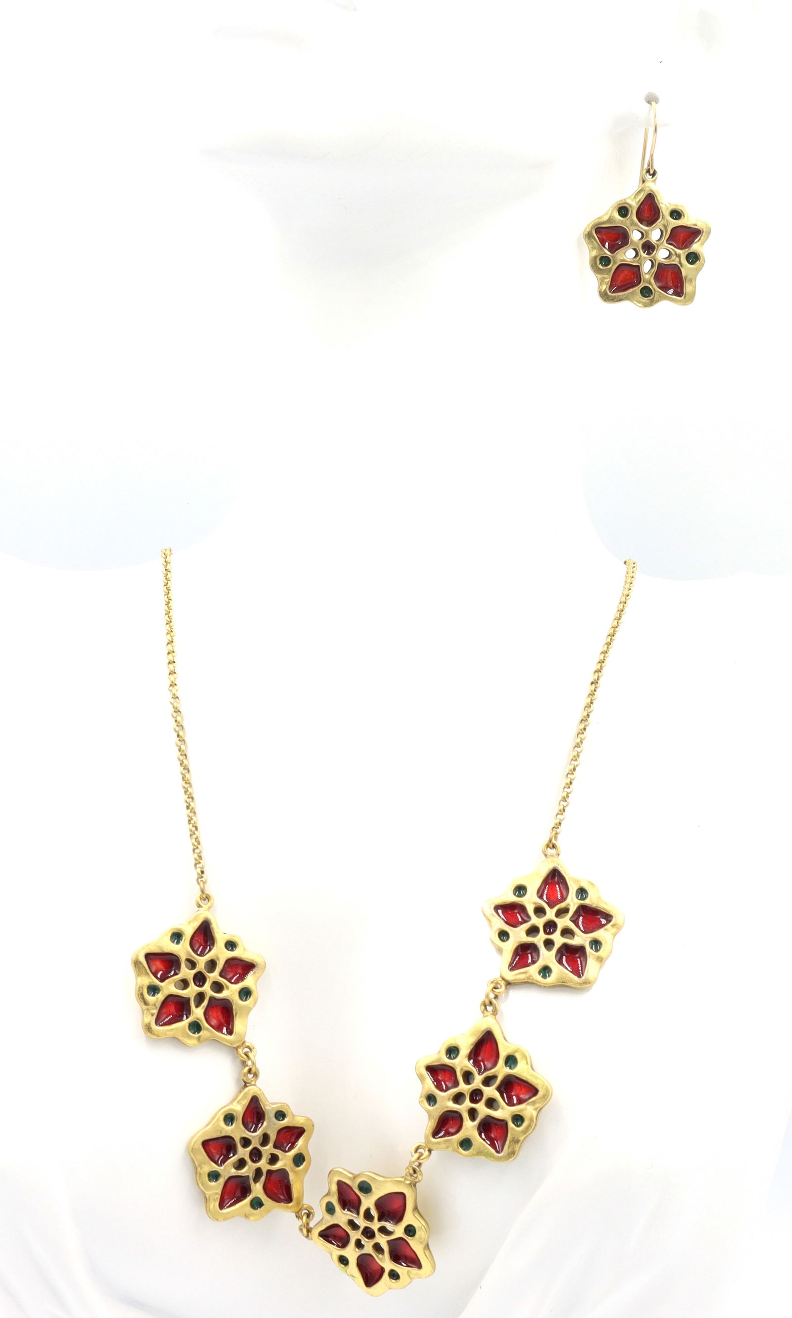 Set of signed MMA Sam enamel jewelry: Set of signed MMA Sam enamel jewelry. Dangle earrings and 18 inches necklace. Total weight of set is 36.3 grams.