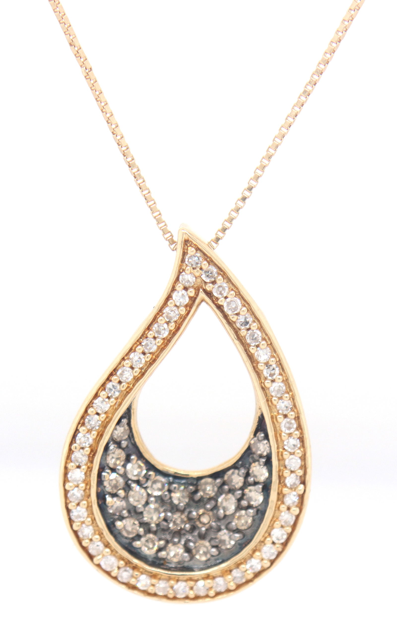 1kt Yellow gold approximate 0.50ctw top light brown diamond pendant on chain: 1kt Yellow gold approximate 0.50ctw top light brown diamond pendant on 18 inches box chain necklace. Color H and I Clarity. Total weight of necklace is 2.80 grams.