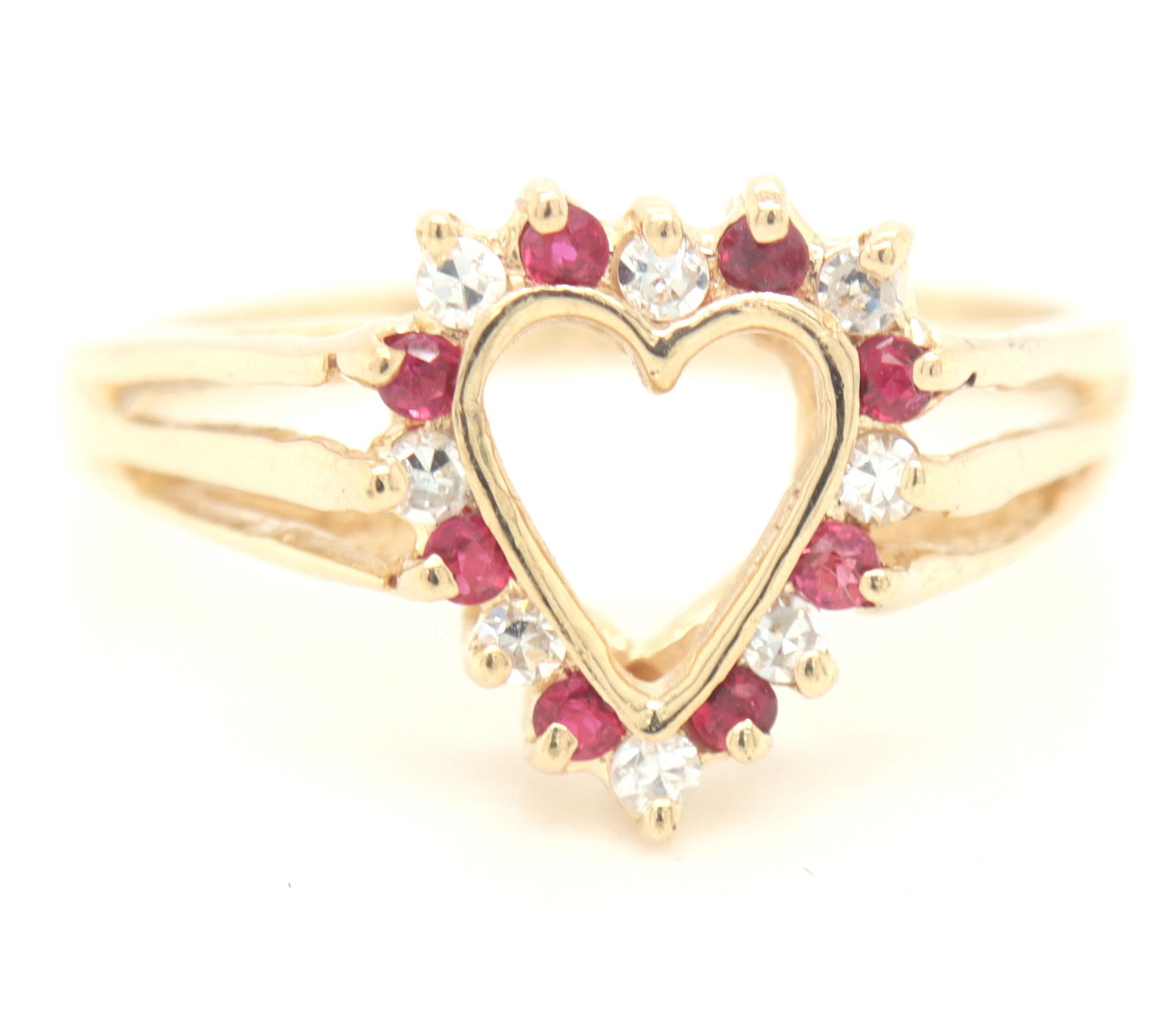 14kt Yellow gold ruby and diamond open heart ring (1 of 4)