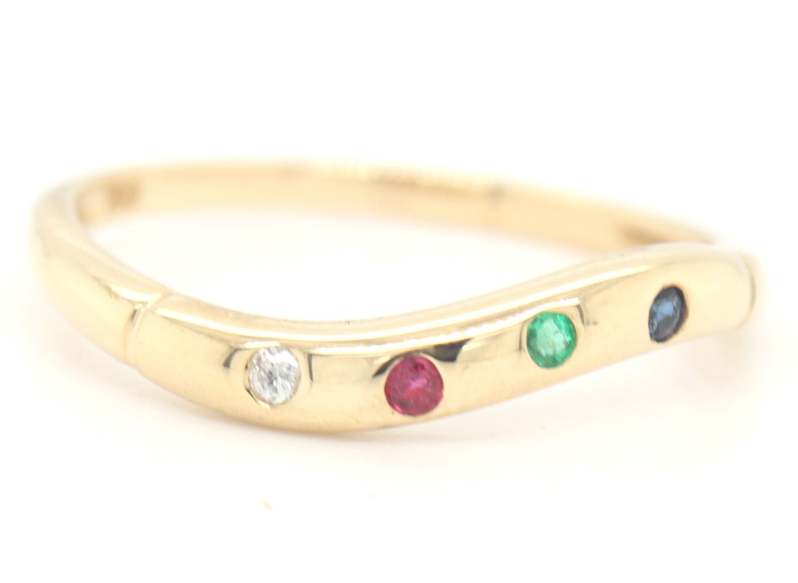 18kt Yellow gold Scatter ruby, sapphire, emerald and diamond curved band (1 of 4)