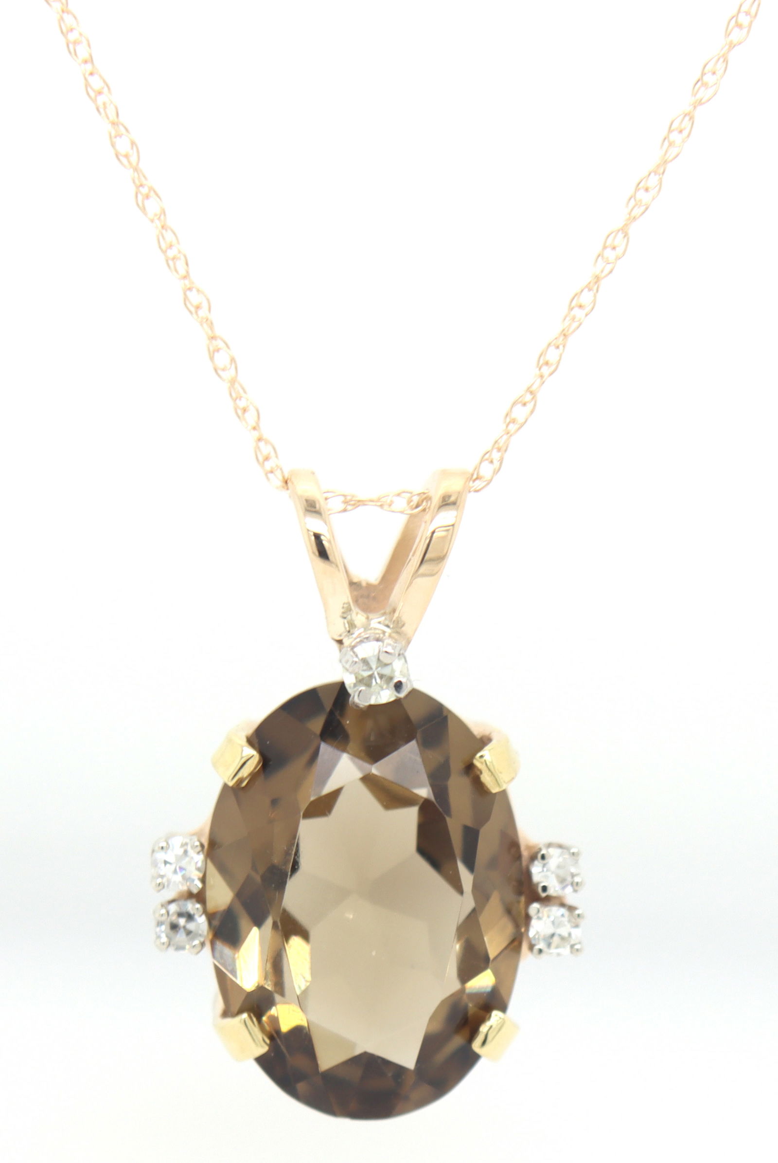 14kt Yellow gold Oval smokey quartz and diamond pendant on chain (1 of 4)