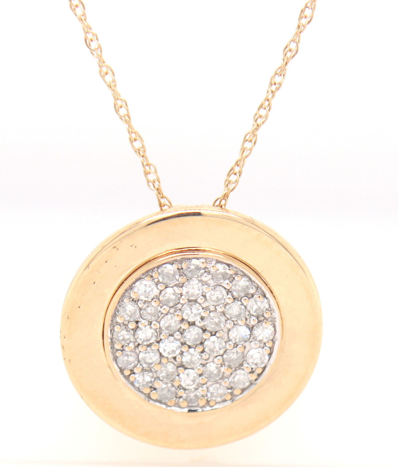 14kt Yellow gold pave diamond disk pendant on chain necklace (1 of 6)