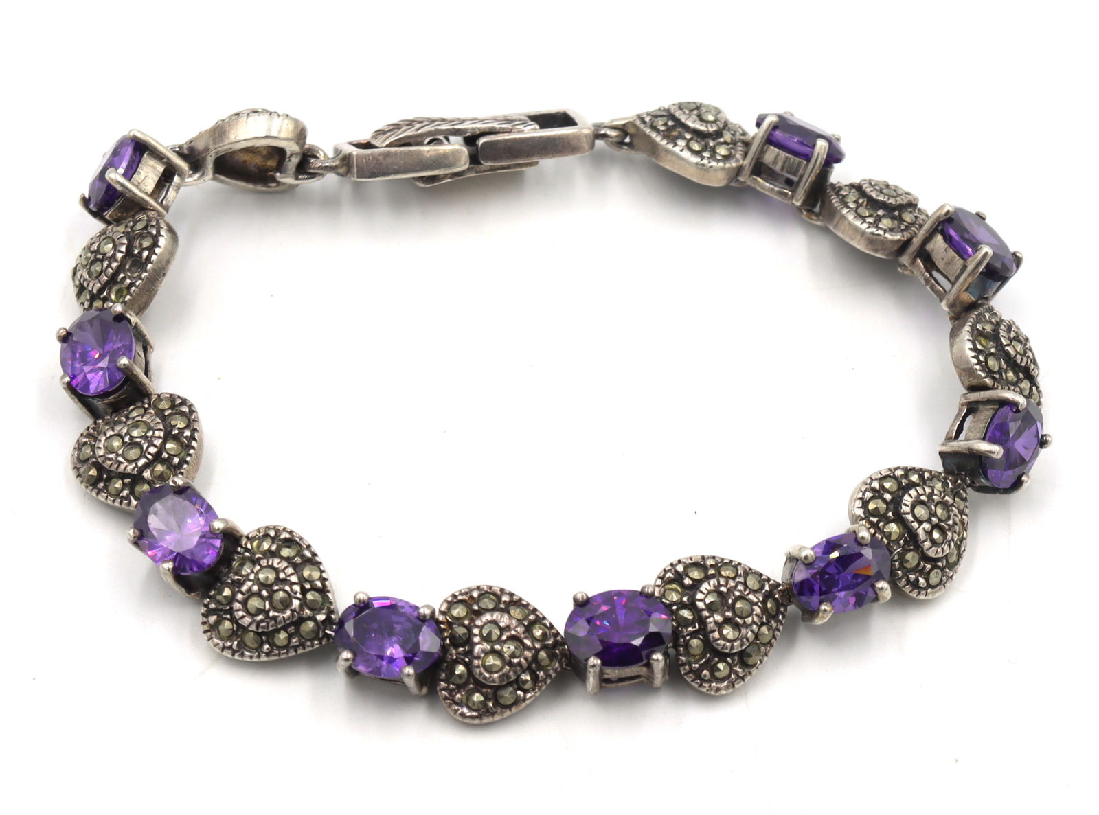 925 Sterling silver marcasite and amethyst link bracelet (1 of 5)