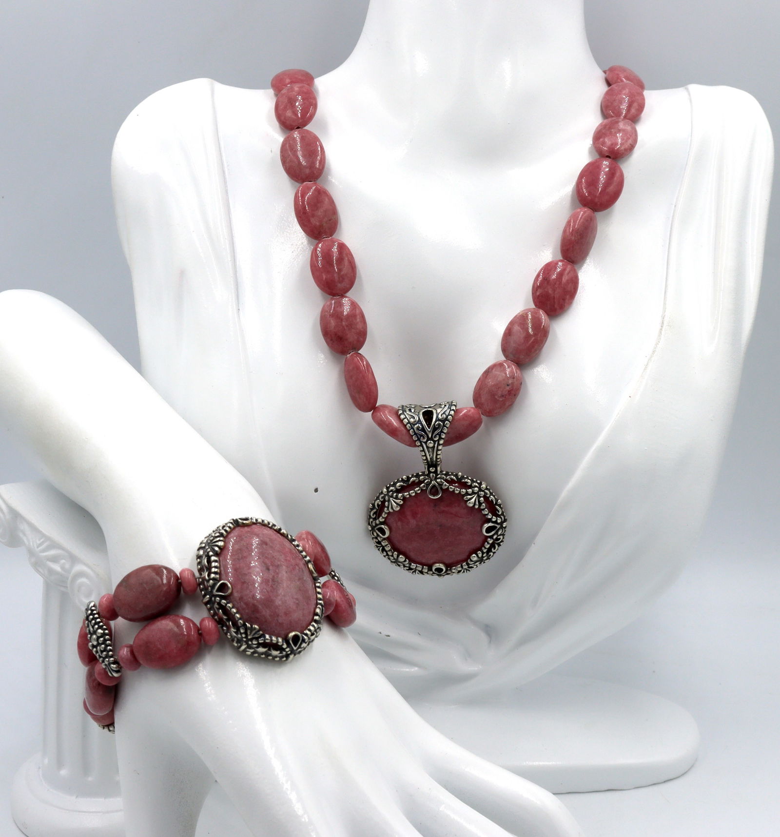 Set of Carolyn Pollack southwest sterling silver pink Rhodonite pendant necklace with matching brace (1 of 9)