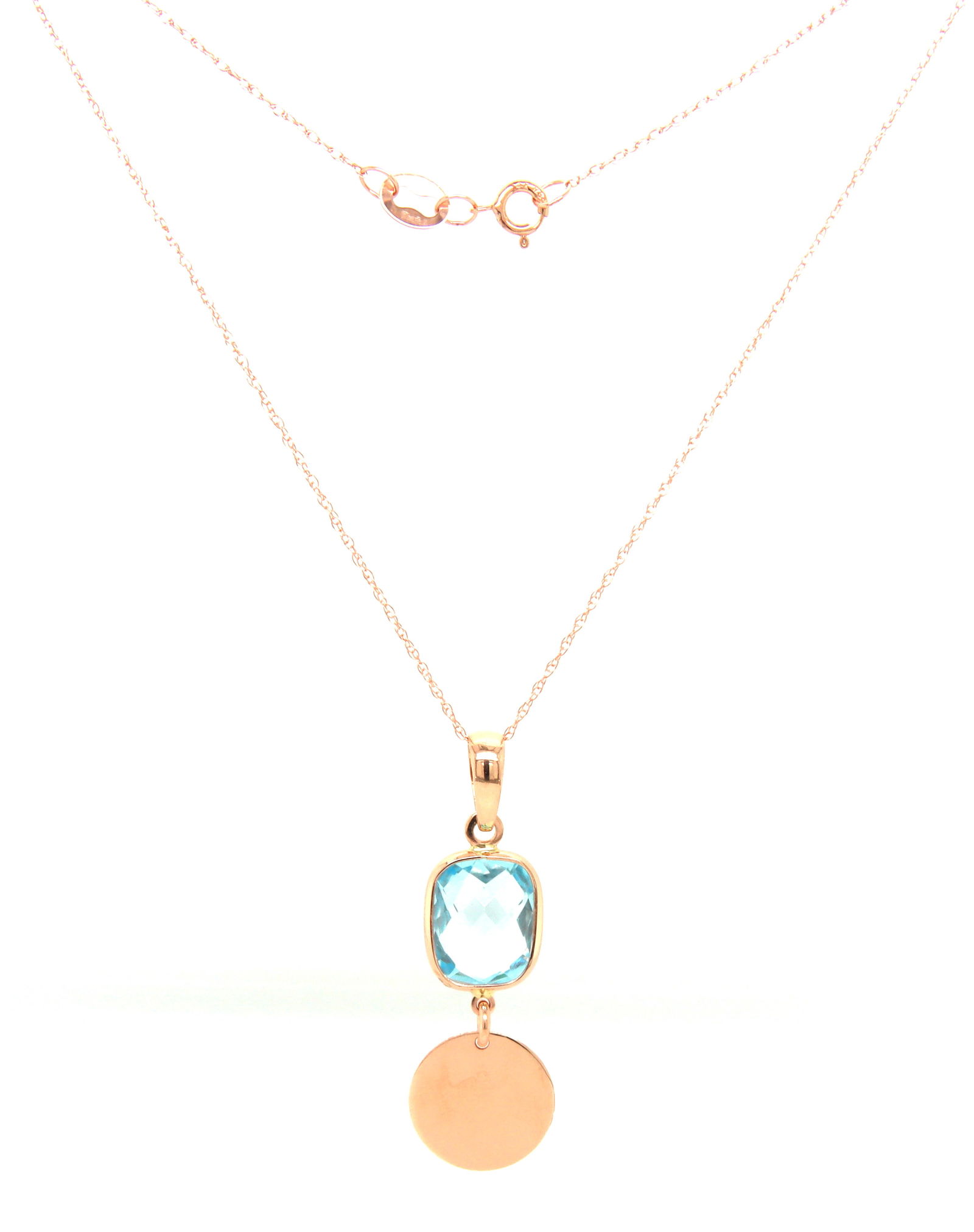 14kt Rose gold cushion blue topaz disc drop pendant on chain (1 of 4)