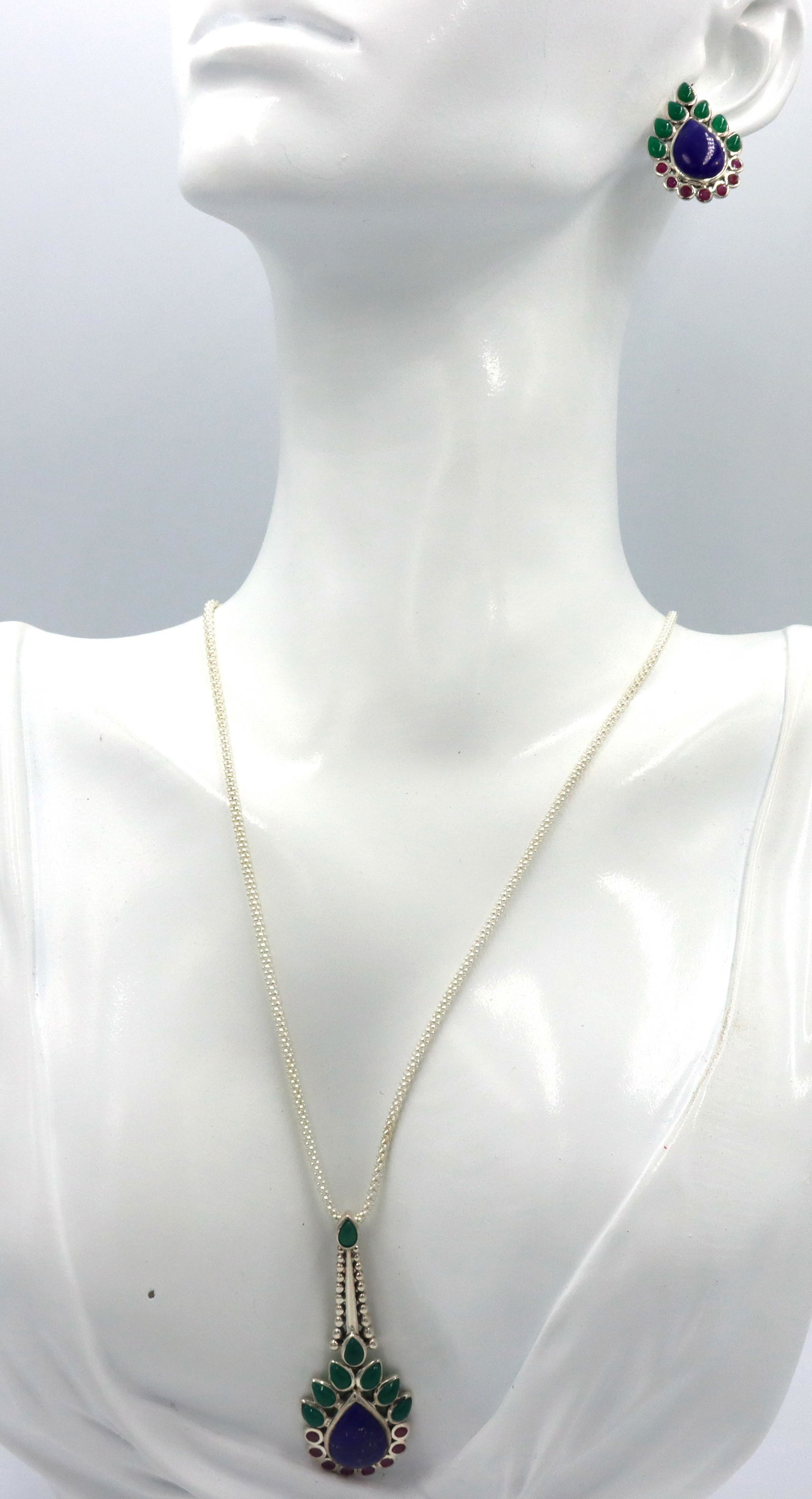 Set of 925 sterling silver multi color gemstone pendant on chain with matching earrings (1 of 8)