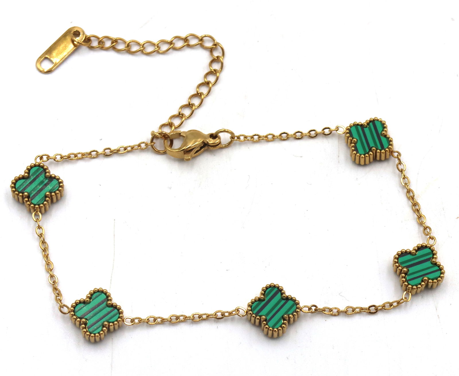 Gold plated Malachite 5 clover adjustable bracelet (1 of 4)