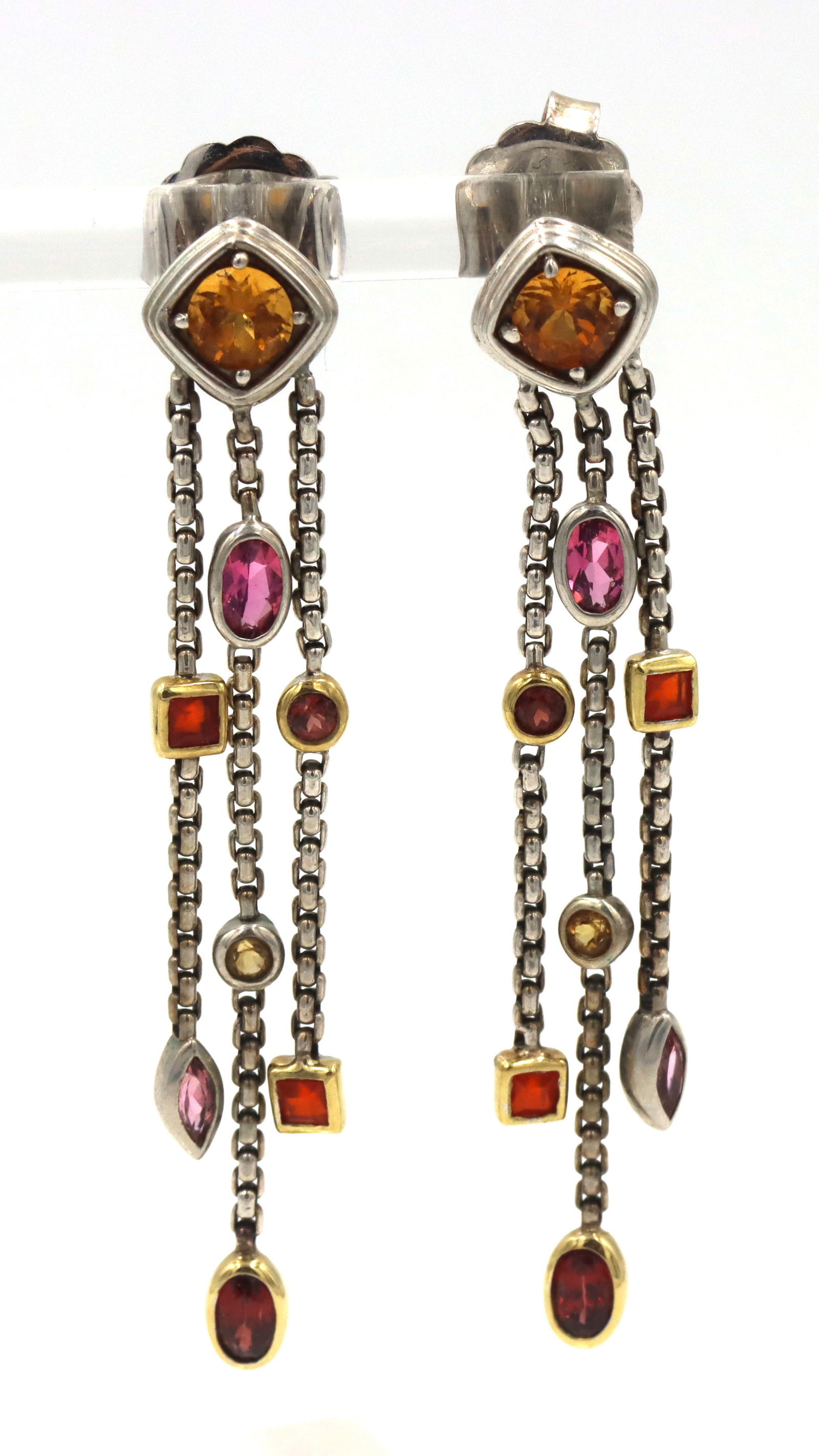 David Yurman multi stone confetti tassel earrings: David Yurman multi stone confetti tassel earrings in 925 sterling silver and yellow gold accents. Round citrine, oval and round Garnets and Marquise and oval Tourmalines. The total weight of the earri