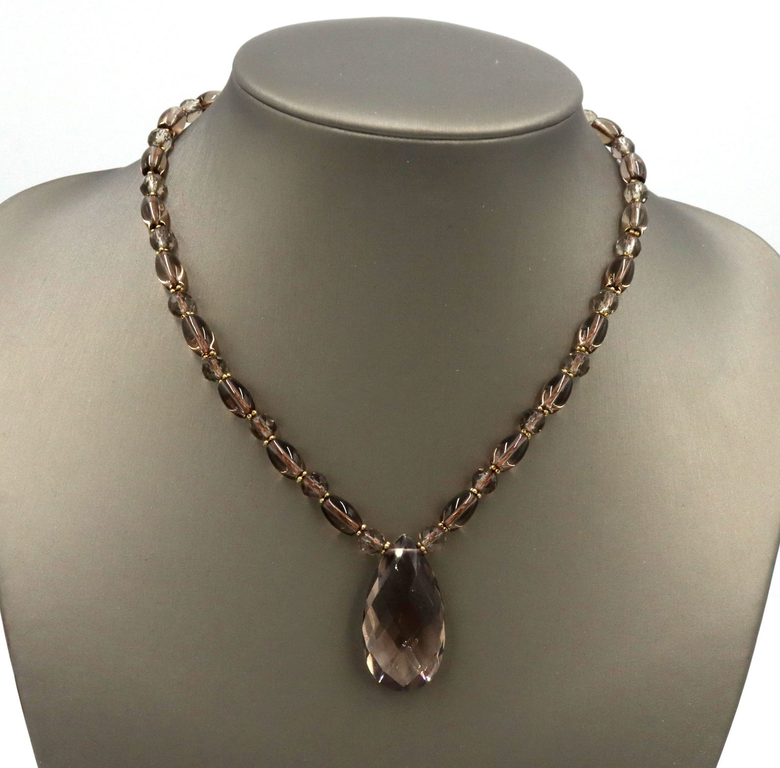 Smokey quartz beaded necklace with tear drop pendant (1 of 5)