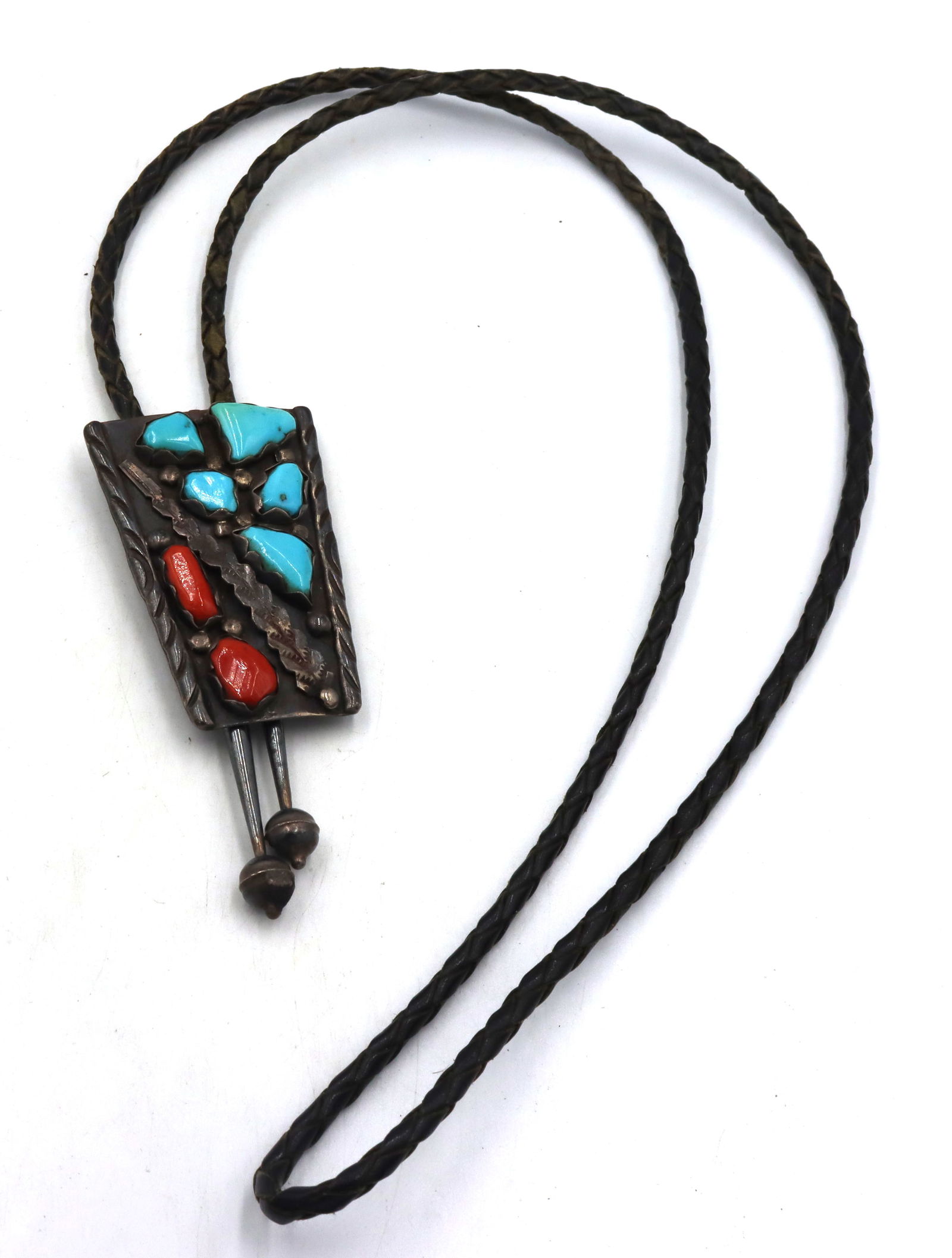 Vintage 925 sterling silver Wayne C Signed turquoise and coral Bolo tie (1 of 6)