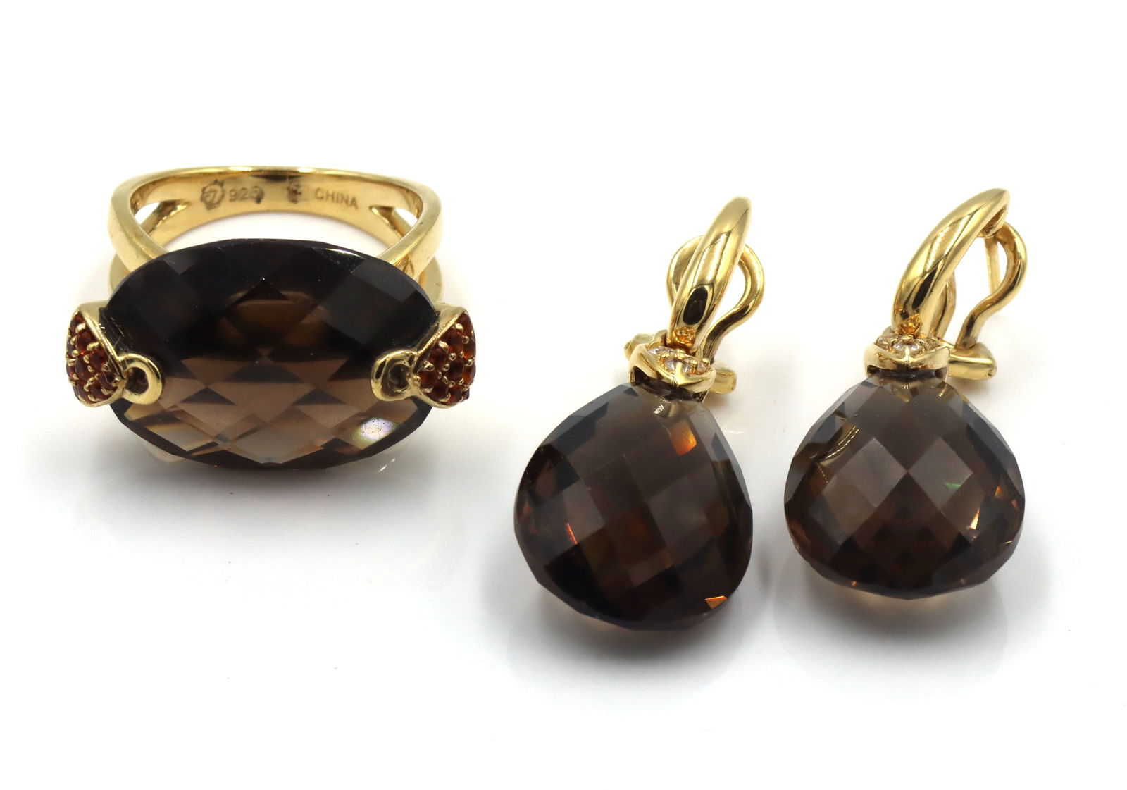 Set of 925 sterling silver smokey quartz dangle earrings and matching ring (1 of 8)