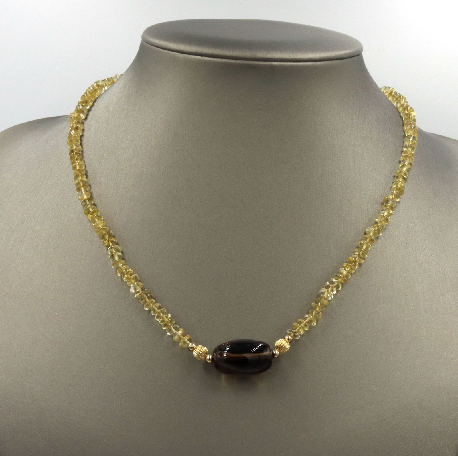 Smokey quartz pendant on citirne beaded necklace with 14kt yellow gold clasp (1 of 5)
