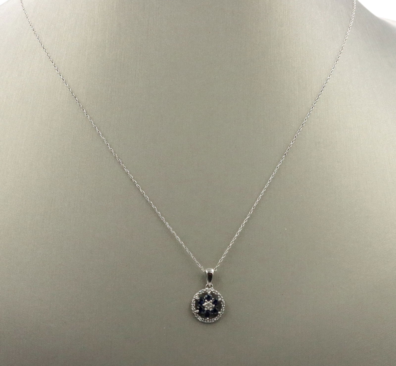10kt White gold sapphire and diamond halo flower pendant on chain (1 of 4)