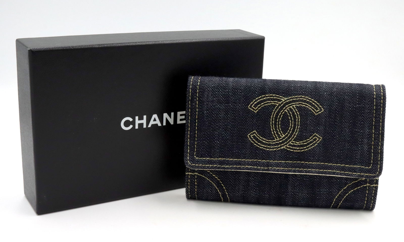 Chanel Denim Compact Wallet w/ Box: Authentic Vintage Chanel Denim Compact Wallet w/ Box. Made in Italy. 6.5-inches long.