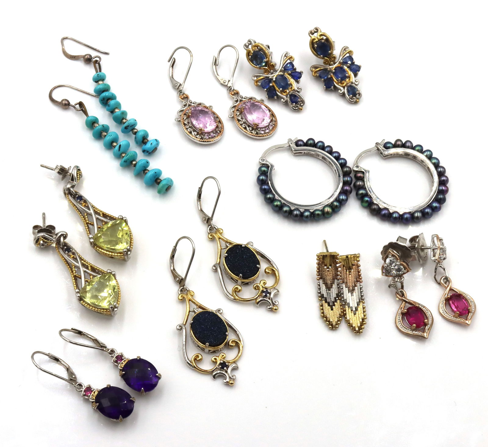 925 Sterling Silver Gemstone Earrings Lot: 925 sterling silver earring Lot include Nine pair of multi color gemstone different style earrings . 48.7 Grams