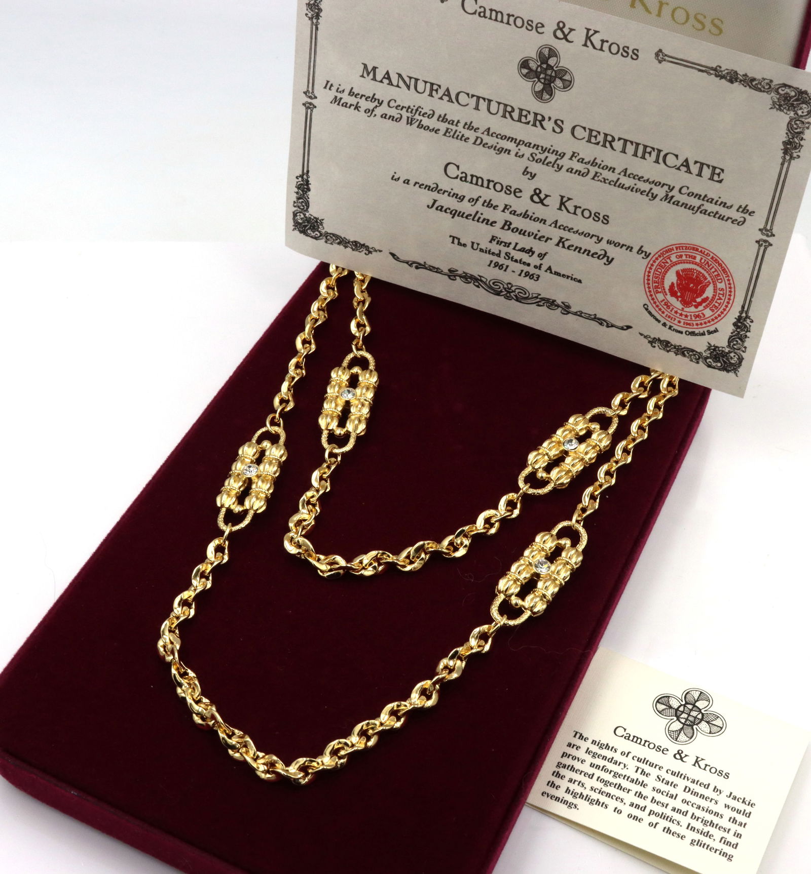 Camrose & Cross Jackie Kennedy State dinner gold tone crystal necklace: Camrose & Cross Jackie Kennedy State dinner gold tone crystal necklace. Comes with box and COA.