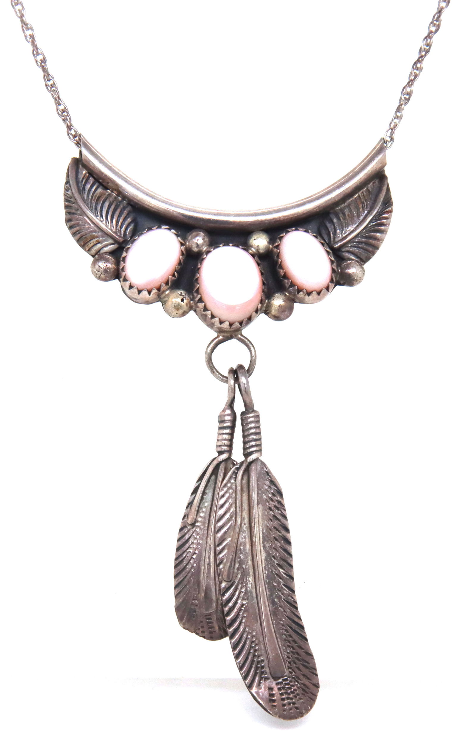 Mother of pearl three stone two feather necklace in sterling silver (1 of 6)